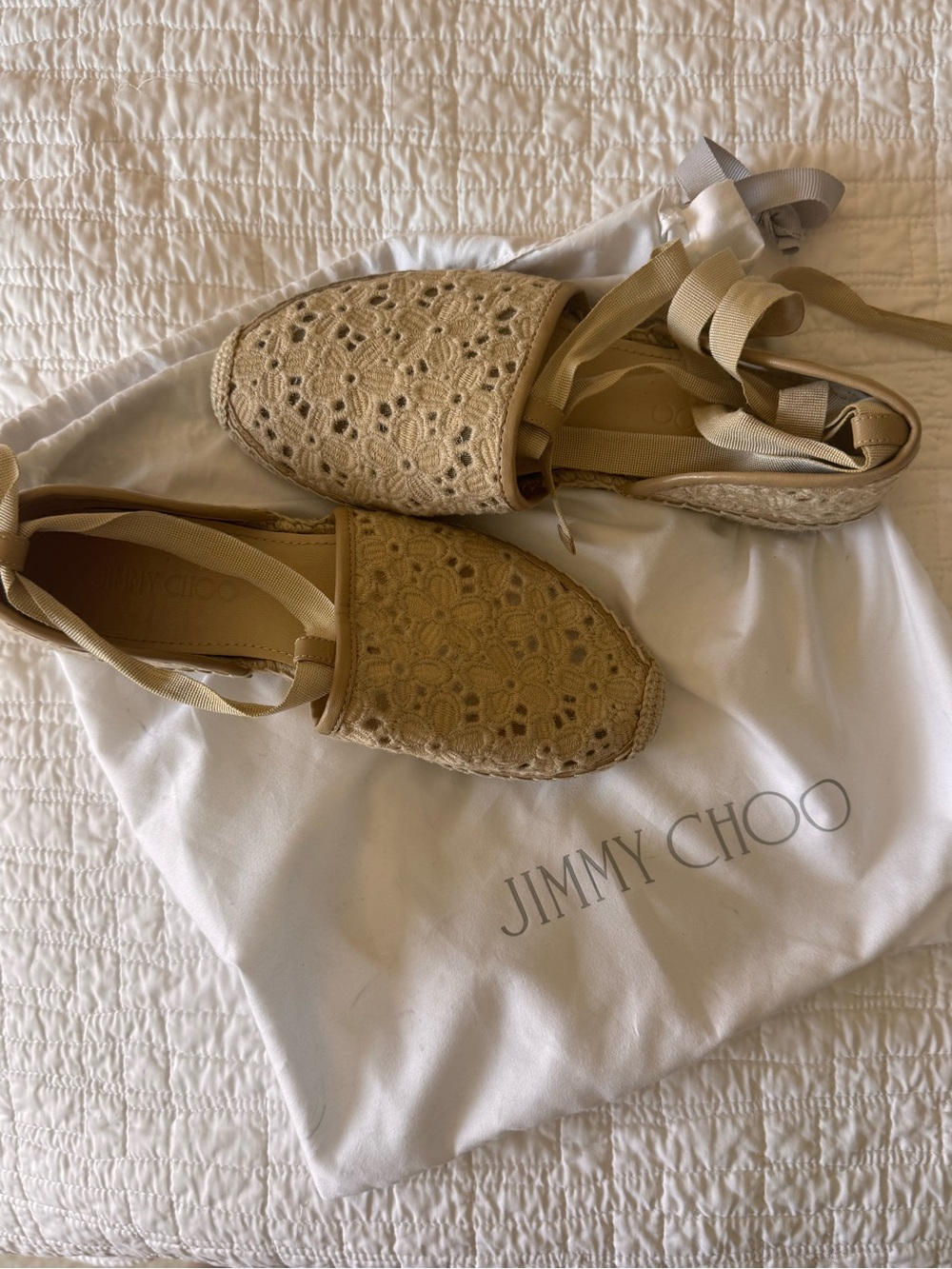 Jimmy Choo Tan Crochet Lace Espadrille Flats with Ankle Ties size 39